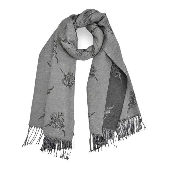 Grey Highland cow print scarf, cashmere blend 