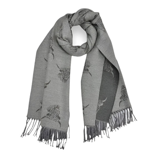 Grey Highland cow print scarf, cashmere blend 