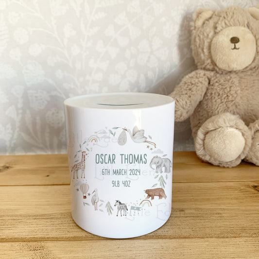 The perfect new baby gift, ceramic money pot / piggy bank, personalised with the new baby's name, date of birth and weight. Beautiful watercolour, with gender neutral design. 