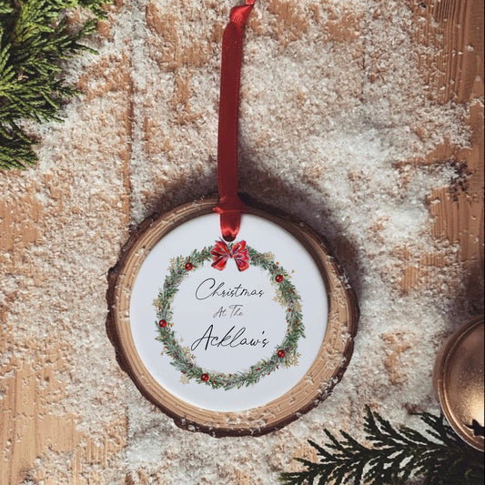 Personalised Christmas Tree Decoration | Family Christmas Keepsake | Red Bow Wreath